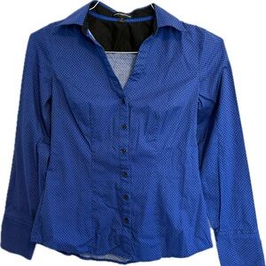 Express blue women’s button up shirt with black polka dots